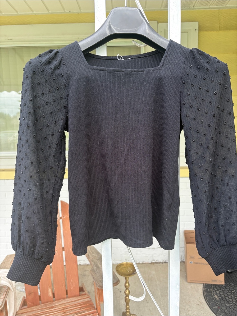 Dotti Black Puff-Sleeve Square Neck Knit Top